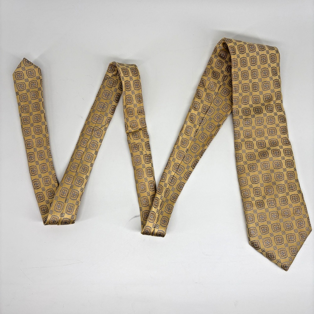 Canali Italy Silk Jacquard Geometric Medallion Tie Gold light Blue Luxury 61"